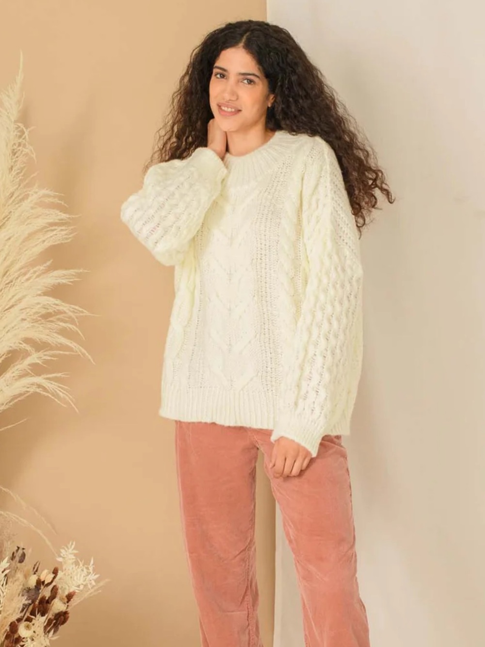 Cara & The Skye Bella Cable High Neck Sweater In Cream Size L